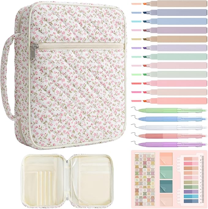 Quilted Bible Cover Case for Women with Bible Study Supplies Journaling Kit Floral Bible Bag Carrying Case with Pastel Highlighters Tabs, Women Christmas Christian Gifts (Pink Floral, L)
