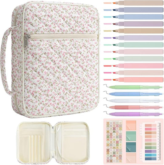 Quilted Bible Cover Case for Women with Bible Study Supplies Journaling Kit Floral Bible Bag Carrying Case with Pastel Highlighters Tabs, Women Christmas Christian Gifts (Pink Floral, L)