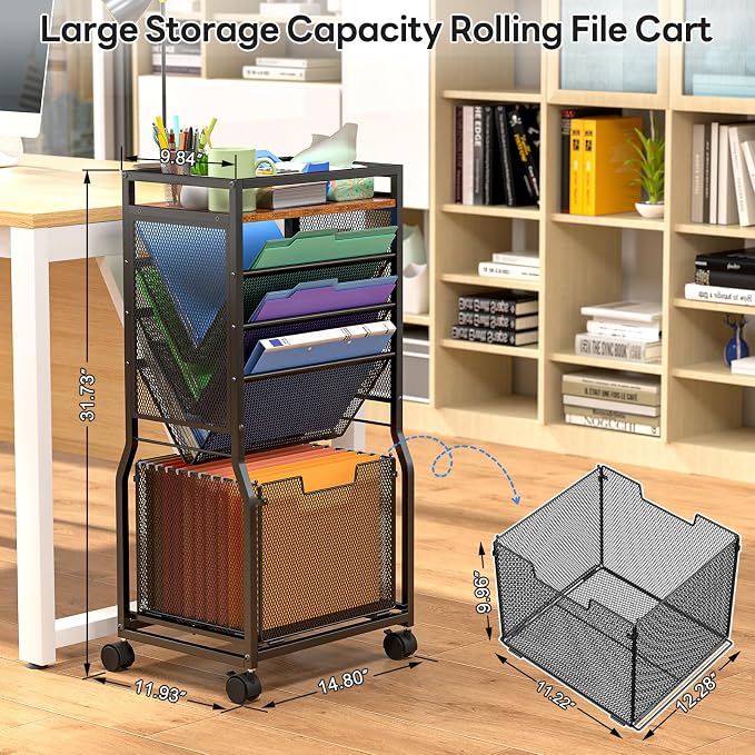 DAOUTIME 8 Tier Rolling File Cart with Hanging File Folder Organizer, Mobile File Organizer with 2 Sides Access Bookcase, Beside/Under Desk Cart with Wheels for Office Home School
