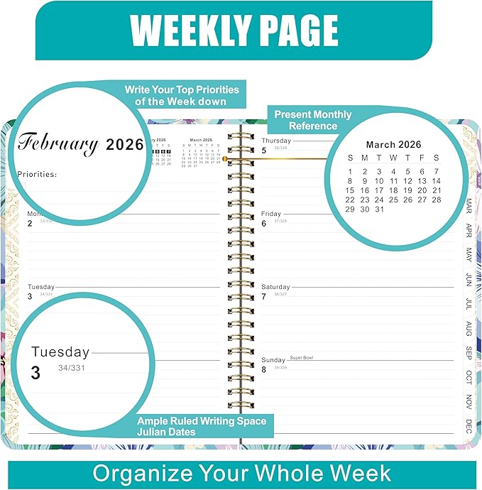 2026 Weekly and Monthly Planner, Medium 6.2 x 8.5 Inch, Hardcover with Floral Design, Jan-Dec Calendar, Spiral-Bound with Monthly Tabs, 100 GSM Paper (yellow flower) (puple blue flower))