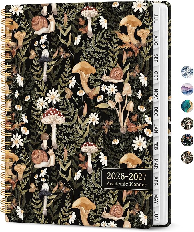 Planner 2026-2027, Academic Monthly and Weekly Calendar Planner for Women, July 2026 - June 2027, Hardcover Pretty Agenda Planner Book with Tabs, Spiral Daily Organizer for School Office Home Supplies, 8.5" x 11" - Mushroom
