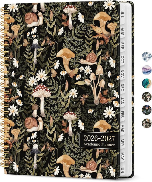 Planner 2026-2027, Academic Monthly and Weekly Calendar Planner for Women, July 2026 - June 2027, Hardcover Pretty Agenda Planner Book with Tabs, Spiral Daily Organizer for School Office Home Supplies, 8.5" x 11" - Mushroom