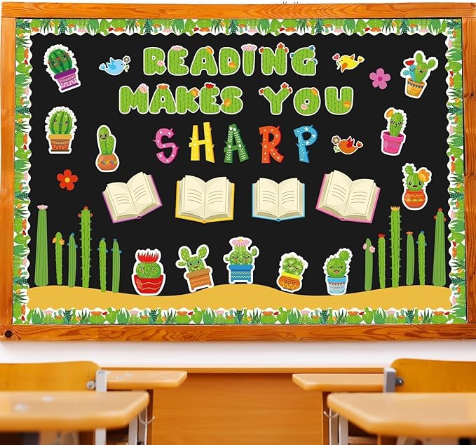 gisgfim Cactus Reading Bulletin Board Decorations Set Spring Classroom Cactus Bulletin Board Border Cutout Reading Makes You Sharp Bulletin Board Craft School Home Wall Decor Back to School Supplies