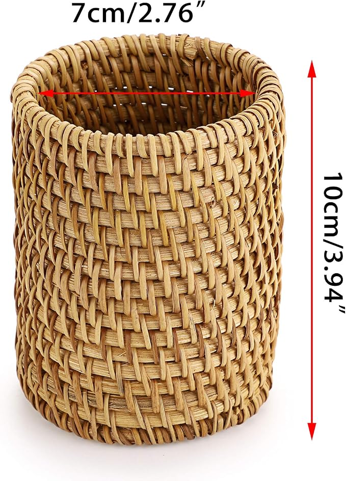 BTSKY Rattan Pen Cup, Handmade Desk Pencil Holders Makeup Brush Holder Multi-Functional Woven Basket Office&Home Desktop Organizer(Cylinder)