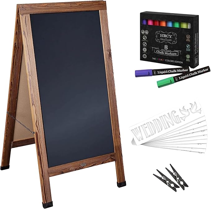 A Frame Chalkboard by HBCY Creations: 24x48 Solid Wood A-Frame Sign Rustic Brown Double-Sided Magnetic Board, Chalkboard Menu Board, for Restaurants, Cafés, Weddings - Heavy Duty Hinges