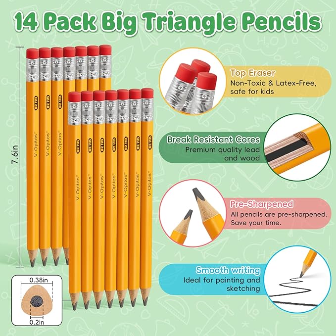 V-Opitos 14 Pack Jumbo #2 HB Pencils for Kids, Triangle Shape Pre-sharpened Wood-Cased Pencil with Top Eraser, Toddler First Pencils, Ideal Home, Kindergartens, School Classroom Supplies