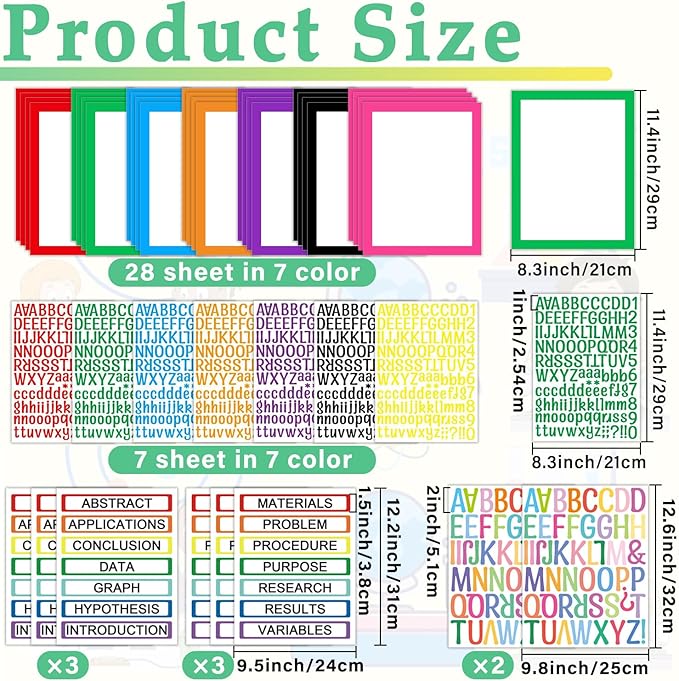 43 Colorful Sheets Science Fair Board Supplies Self Adhesive Presentation Science Subtitles Fair Project Titles Personalized Letter Sticker Supplies for Classroom Office