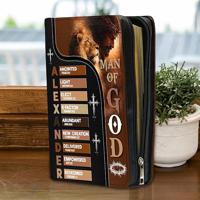 Custom Leather Bible Cover with Name – Personalized Bible Case for Women Zippered with Handle, Bookmark & Storage Pockets, Christian Gift for Mom, Daughter, Grandma (Man - God Says You are, M-2XL)