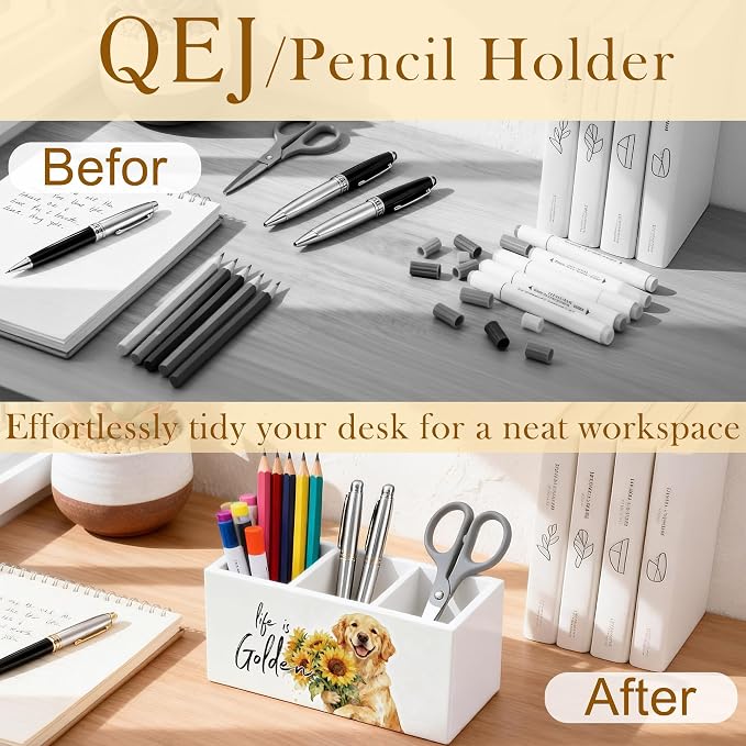 Golden Retriever Gifts Pen Holder for Desk, Golden Retriever Gifts for Women, Sunflower Floral Dog Wooden Box Pencil Pen Organizer for Home Office Desk Tabletop