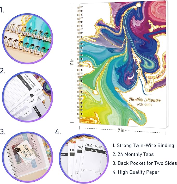 2026-2027 Monthly Planner/Calendar - 2 Year Monthly Planner/Calendar 2026-2027, 9" x 11", Jan. 2026 - Dec. 2027, Tabs, Back Pocket, Holidays - Boost Your Productivity
