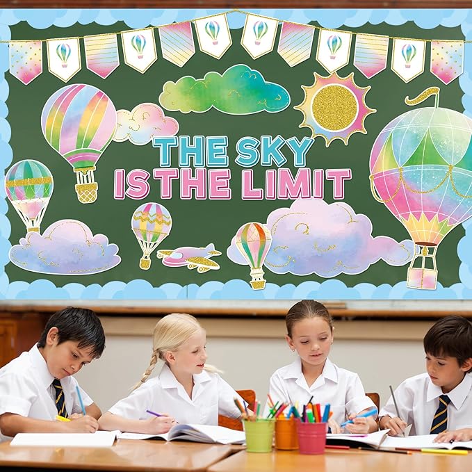 Hot Air Balloon Bulletin Board The Sky is The Limit Classroom Bulletin Board Decorations Colorful Hot Air Balloon Cloud Cutouts Decorations for Back to School Office Home Chalkboard Decor Wall Door