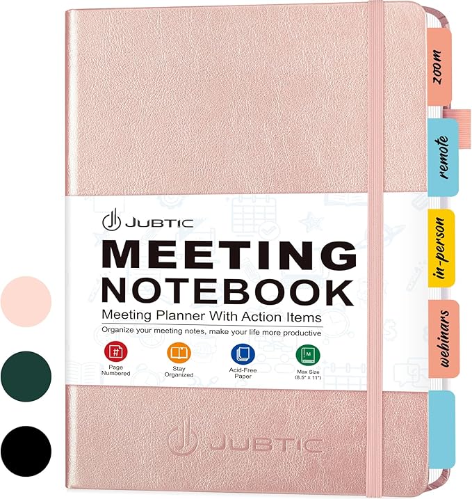JUBTIC Meeting Notebook for Work with Sticky Tabs - Office & Business Project Planner for Notes Taking, Meeting Agenda/Minutes Organizer for Women Men, 160 Pages (A4 8.5”x11”) - Rose Gold