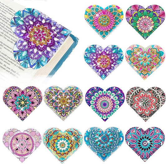 12 Pcs Diamond Painting Bookmark, DIY Corner Book Makers for Adults Book Lovers, Diamond Dot Art Beginners, Small Diamond Art Kits, Paint by Art Crafts Gift for Women Girls (Heart Mandala)
