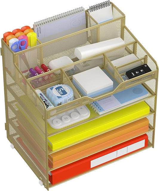 Docnest 5 Tier Mesh Desk Organizer for Paper Office Supplies – Multi-Functional Letter Tray with 5 Adjustable Compartments, 3 Pen Holders, Desktop Storage for Files, Mail, Stationery – Gold