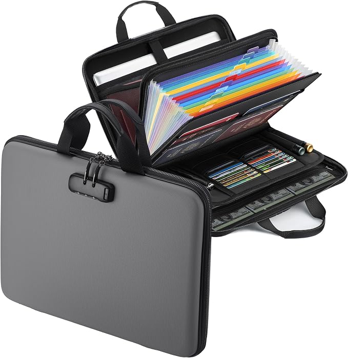 Fireproof Document Box with Lock, Hard-Shell Case Fireproof File Organizer with 13 Pocket Accordion File Folder, Portable Home Office Travel Safe Storage for Important Documents Laptop