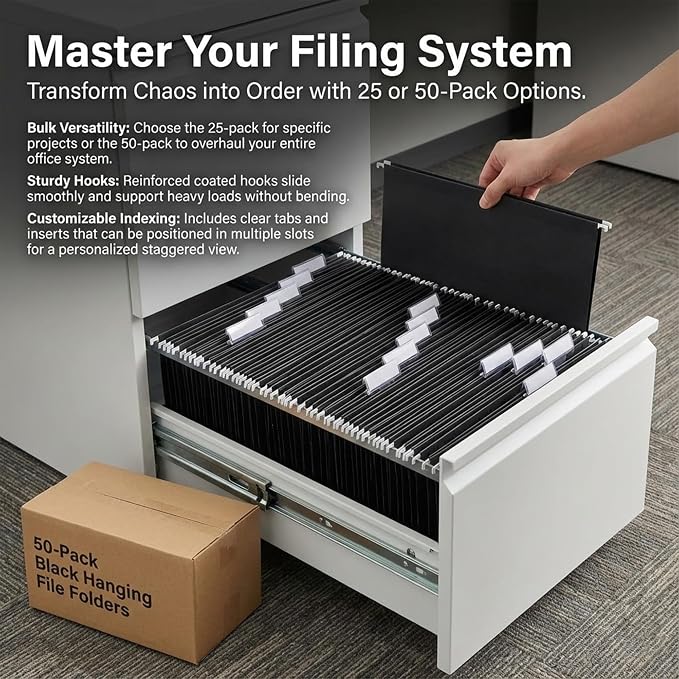 VZCPYTPM 50 Pack Hanging File Folders,Letter Size 8.5x11 Inch,Black Hanging Folders for Filing Cabinet,Reinforced Rods for Smooth Gliding,1/5 Adjustable Tabs & Inserts,Ideal for Home,Office & School