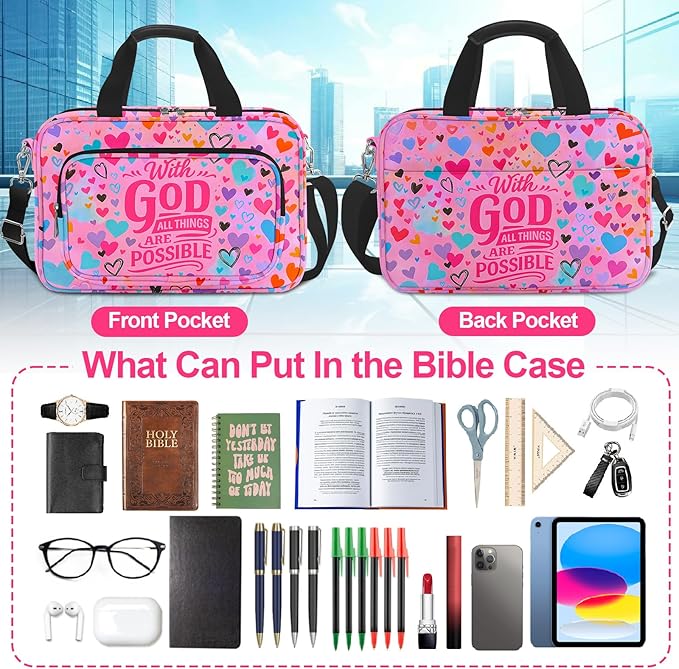 Large Bible Cover for Women,Bible Carrying Case,Bible Bag for Girl Kid,Heart Bible Holder Organizer,With God All Things Are Possible,Bible Study Supplie Kit With Highlighters,Tabs,Pens,Christian Gifts