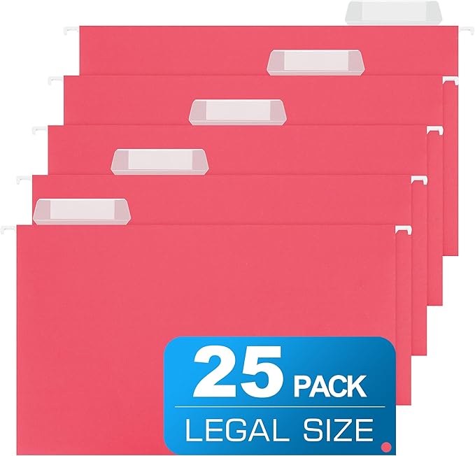 Legal Size Hanging File Folders,25 Packs Legal Hanging File Folders,Rose Red Legal Size Hanging Folders,9.2'' × 14.8'',Hanging Folders for Filing Cabinet,1/5 Adjustable Tabs for Office,School,Home
