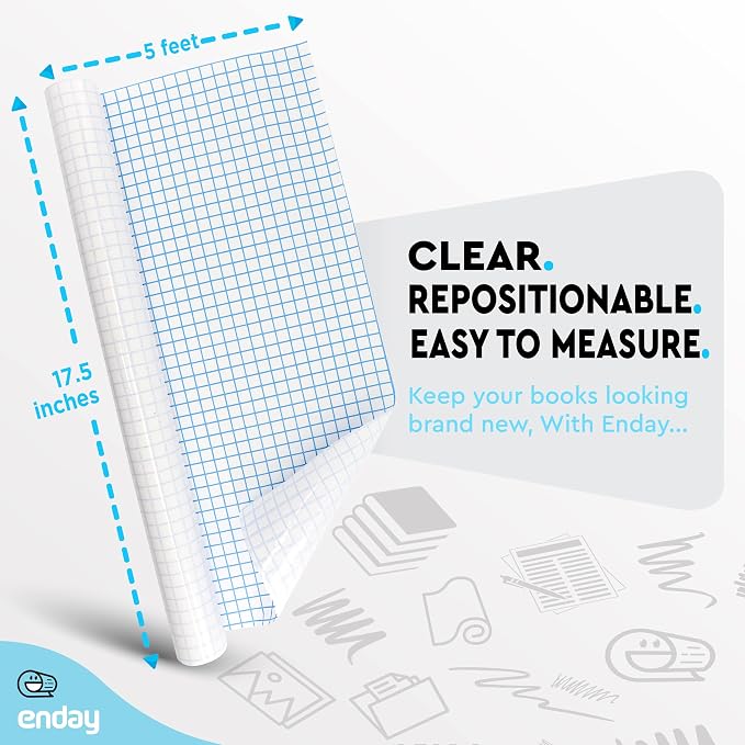 Clear Contact Paper, 17.5” x 5-Feet, Transparent Self Adhesive Book and Textbook Covers for Paperbacks and Hard Covers, Plastic Protective Covering Contact Paper Roll, Acid Free, 2 Rolls – By Enday
