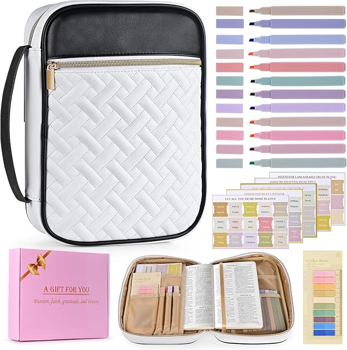 Bible Cover Case for Women, Quilted Large PU Leather Bible Carrying Book Case with Handle, Bible Bag Study Supplies Bible Carrier & Christian Gift for Women (Black and White)