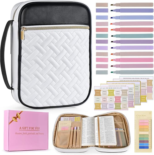 Bible Cover Case for Women, Large Quilted PU Leather Bible Carrying Bag | Bible Study Kit Organizer with 12 Highlighters & 75 Bible Tabs, Fits Most Standard & Large Bibles, Christian Gifts for Women