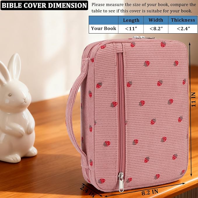 JIANYA Bible Cover Women Girls Bible Case, Strawberry Church Bag Bible Carrier Bag with Handle and Zipper Pocket, Pink