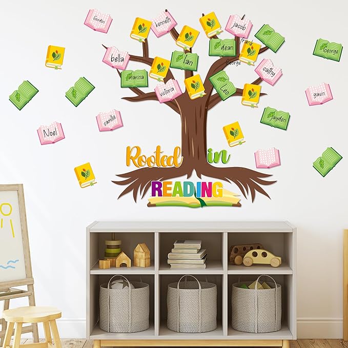 CY2SIDE Reading Tree Bulletin Board - 55PCS Rooted in Reading Tree Cutout for Bulletin Border Sets Books Name Tags Leaves Cutout Trim Border Kit Back to School Chalkboard Wall Decoration Supplies