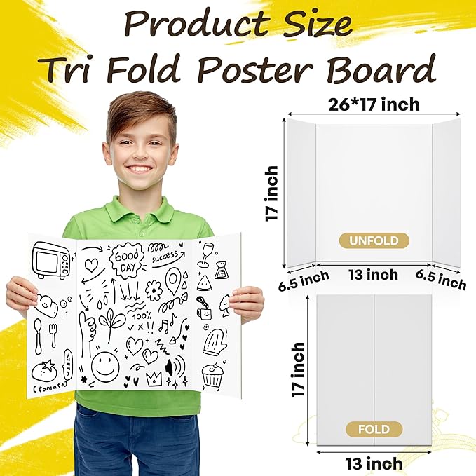4 Pcs Medium Trifold Poster Board, 26" x 17" Presentation Board, with Double Sided Tapes and Cardboard, White Corrugated Project Boards/Science Fair/trifold Display Board for School Project