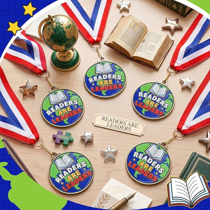 Cunno 20 Pcs Readers are Leaders Medals Bulk 2'' Reading Award Medals with Neck Ribbon Trophy Prizes Winner Gift for School Classroom Students Teaching Competitions Supplies