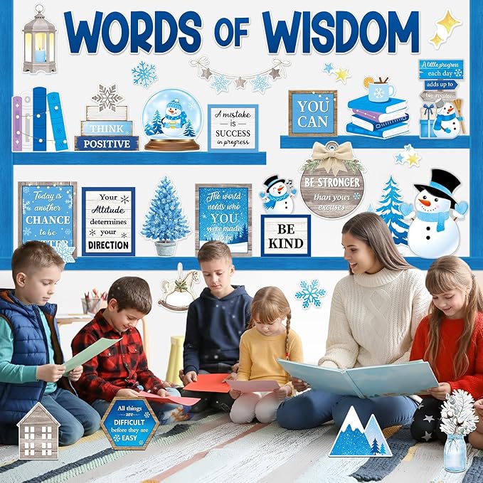 Mooliwe 57 Pcs Winter Bulletin Board Set Inspirational Snowflake Bulletin Board Decoration Positive Cutout Classroom Decoration for School Office Home Teacher Classroom Wall Supplies