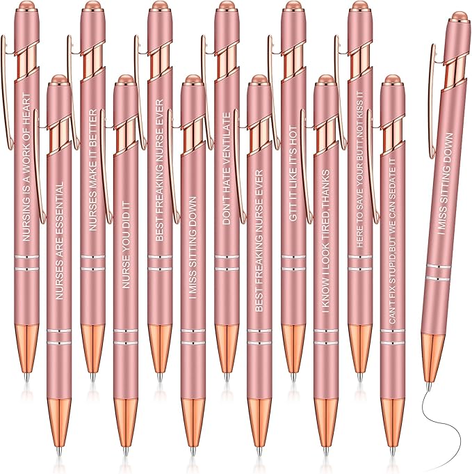 Zonon 12 Pcs Inspirational Pens Gift Set Funny Ballpoint Pen with Stylus Tip Motivational Graduation Gifts Bulk for Teacher Coworkers Nurse School Office Supplies(Rose Gold,Nurse Style)