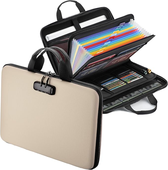 Fireproof Document Box with Lock, Hard-Shell Case Fireproof File Organizer with 13 Pocket Accordion File Folder, Portable Home Office Travel Safe Storage for Important Documents Laptop