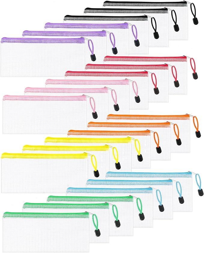 24 Pcs Lightweight Zipper Mesh Pouch Bags, Portable Clear Plastic A6 Storage Bags, Bulk Zipper Pouches for Home Office Travel Toiletries Cosmetics Organizer