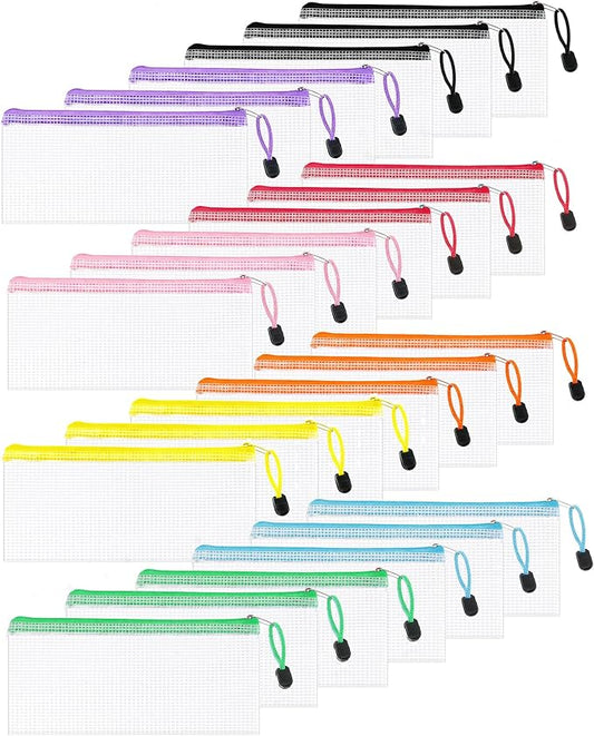 24 Pcs Lightweight Zipper Mesh Pouch Bags, Portable Clear Plastic A6 Storage Bags, Bulk Zipper Pouches for Home Office Travel Toiletries Cosmetics Organizer