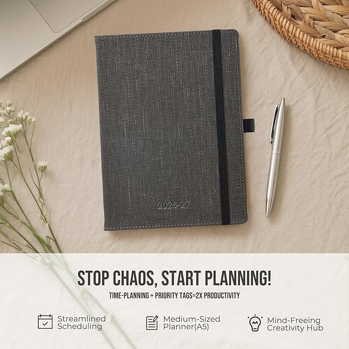 Planner 2026-2027 Weekly & Monthly Planner, 18 Month Academic Calendar July 2026 – Dec 2027, Horizontal Layout with Monthly Tabs, Textured Fabric Hardcover, Grey