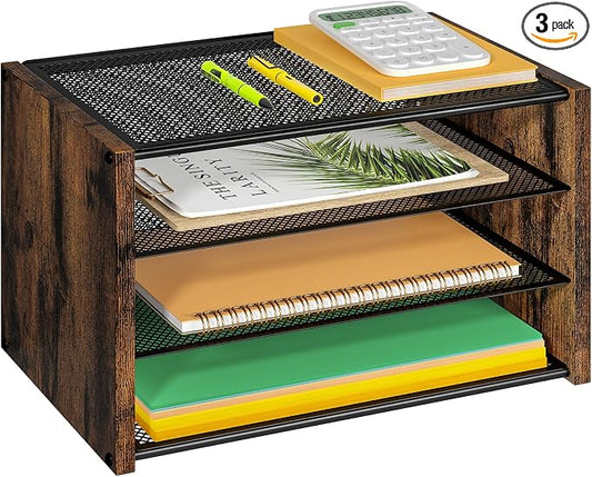 DAOUTIME 3-Tier Paper Letter Tray, Wooden Desk File Organizer, Stackable Metal Mesh Desk Organizer for Office Supplies. Small Paper Trays for Home Office School, Rustic Brown