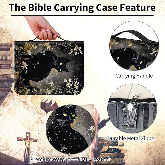 Bible Cover for Men Women,Large Leather Bible Case Fit Book Up to 11x8x2 Inch,Black Cat with Gold Floral Bible Covers Bible Study Carrier Church Bags w/Handle & Zipper