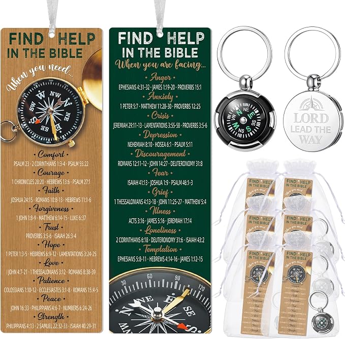 Kenning 12 Set Father's Day Christian Gift Bulk, Include 12 Religious Compass Key Tag 12 Bible Bookmark with Organza Bags Christian Gift for Men Bible Study Group Favors