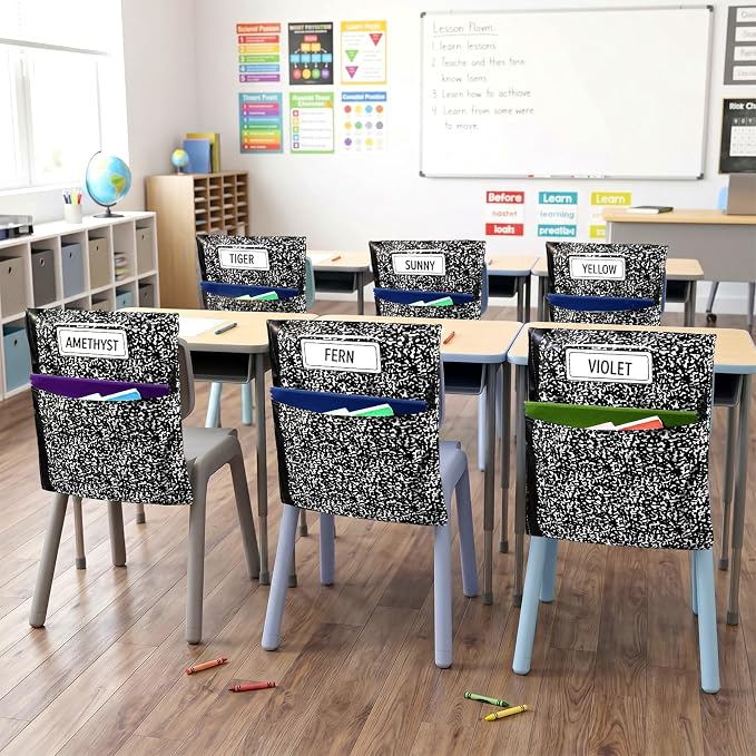 24 Pack Chair Pockets for Classroom Back to School Composition Seat Pocket 20 x 17 Inch K 2 Student Chair Bag Organizer with Name Tag Oxford Cloth Storage Bag for Kindergarten Primary (Black)