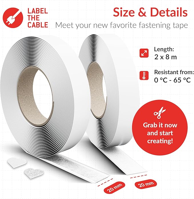 Tape, Self-Adhesive, Instant Resilient, 8 m x 20 mm, Gluing Instead of Drilling, Dots for Pictures, Upholstery, Cable Management, Double-Sided Tape (White, 8 m - 20