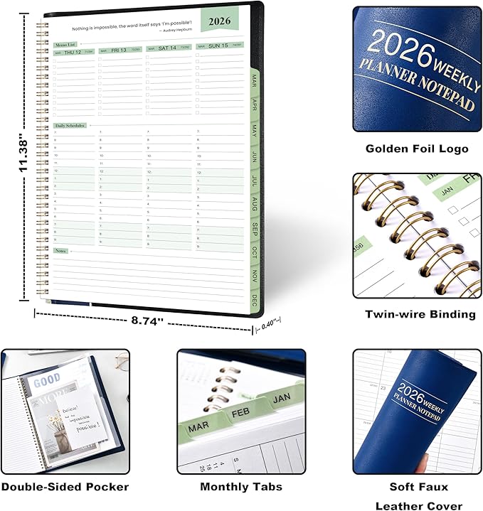 2026 Planner - Planner 2026 Weekly and Monthly, 11.38'' x 8.74'', 2026 Calendar Leather Planner, JAN 2026 - DEC 2026, Daily Hourly Appointment Book, To Do List, Monthly Tabs, Faux Soft Leather, Back Pockets - Blue