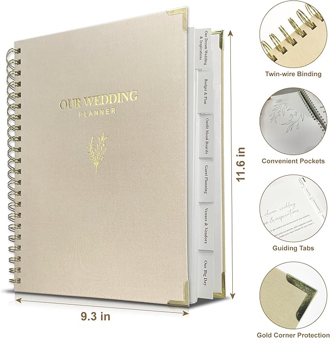 LADY&HOME Wedding Planner Book and Organizer, Linen Cover Wedding Planner Book, Bridal Planning Binder for Bride to be Gifts with Calendars, Checklist and Pockets (Apricot)