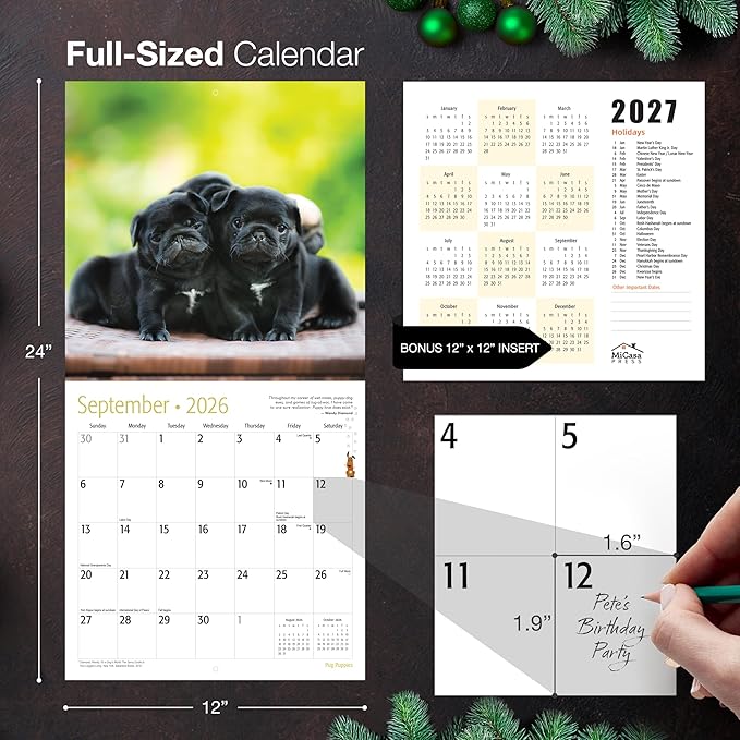 MICASA PRESS Pug Puppies 2026 Wall Calendar 12 Month | 12" x 24" Open | Thick & Sturdy Paper | Giftable | Cute Puppy Dog Calendar 2026