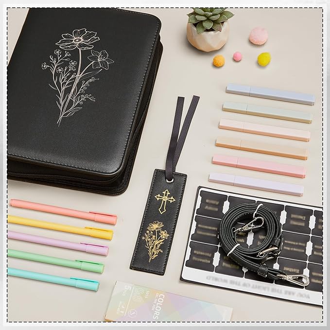 19PCS Floral Black Leather Bible Cover for Women Bible Cover Cases for Teen Girls Christmas Gift Christian Church Carrying Bag Journaling Kit with Shoulder Strap Highlighter Pens & Book Marker
