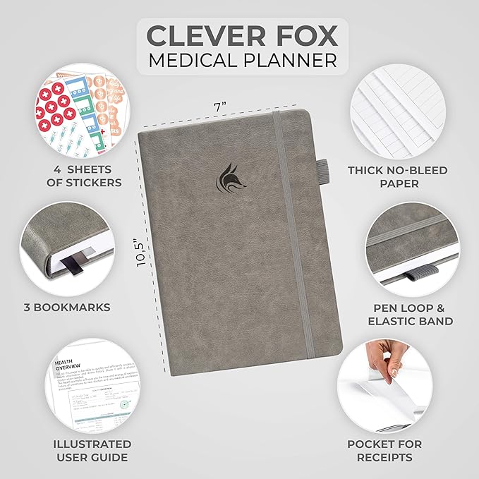 Clever Fox Large Medical Planner 12-Month – Medical Notebook, Health Diary, Wellness Journal & Logbook to Track Health – Self-Care Medical Journal – 12 Months, Undated, 7″ x 10.5″ (Gray)