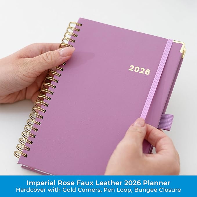 Blue Sky 2026 Weekly and Monthly Planner Calendar, January 2026 - December 2026, 5" x 8", Faux Leather Cover, Durable Twin Wire Binding, Storage Pocket, Laminated Tabs, Includes Pen Loop, Bungee, Ruler, Imperial Rose