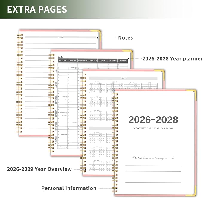Monthly Planner 2026-2028, Hardcover with Metal Corner 3 year calendar 2026-2027-2028 Calendar Book from Jan 2026 - Dec 2028, 9“ x 11”, Spiral Bound,Organizer for Office, School, and Home, Pink