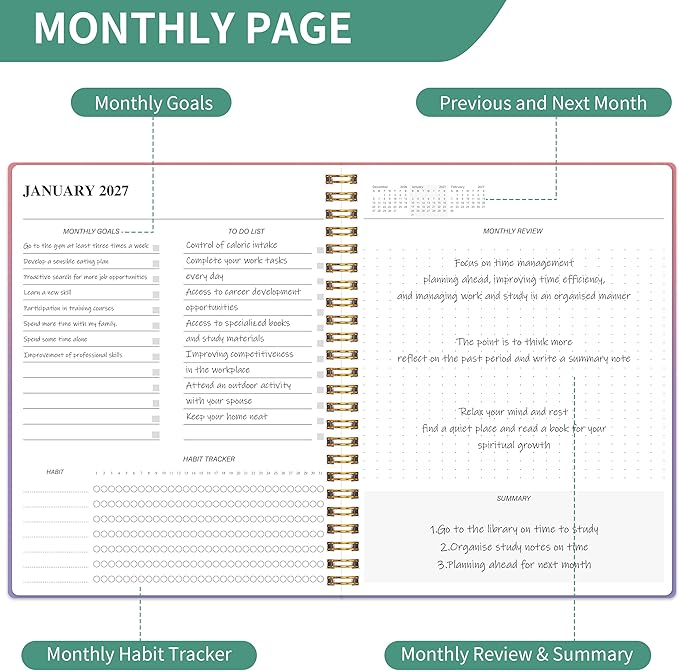 Monthly Planner 2026-2027, 2 Years Persona Organizer Calendar Notebook from Jan 2026 - Dec 2027 with Habit Tracker, Goals,To -Do List, Summary & Review Spiral ，Bindding 7" x 9.5"