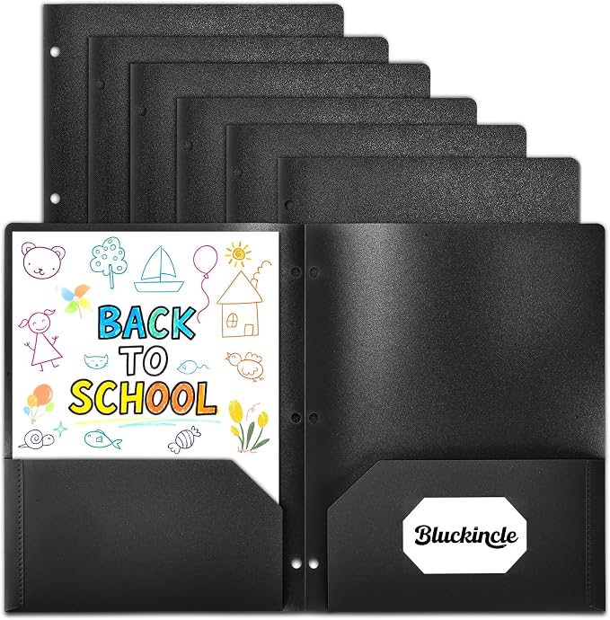 Plastic Folders with Pockets 3 Hole Punched, Pocket Folders for 3 Ring Binder, 6 Pack Black File Folder for School, Office, Documents, 2 Pocket Blinder Folder with Holes and Business Card Holder
