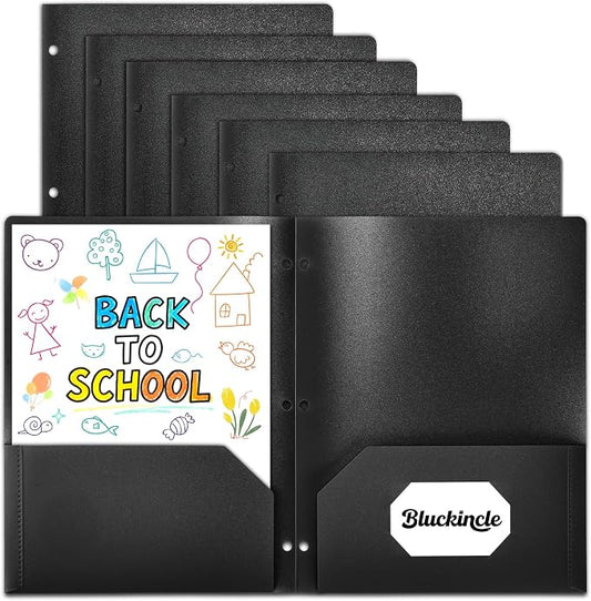 Plastic Folders with Pockets 3 Hole Punched, Pocket Folders for 3 Ring Binder, 6 Pack Black File Folder for School, Office, Documents, 2 Pocket Blinder Folder with Holes and Business Card Holder
